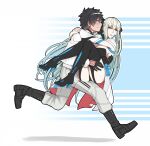  1boy 1girl ass black_footwear black_gloves black_hair blue_eyes blush boots carrying chaldea_uniform commentary_request fate/grand_order fate_(series) flying_sweatdrops fujimaru_ritsuka_(male) full_body gloves high_heel_boots high_heels highres hug jacket long_hair long_sleeves morgan_le_fay_(fate) open_clothes open_jacket pants princess_carry running sanmoto_gorouzaemon thigh-highs thigh_boots very_long_hair white_hair white_pants 