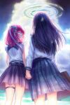  2girls blue_hair chinese_commentary clouds crying crying_with_eyes_open facing_away floating_hair from_behind hair_ornament hairclip halo heart_o-ring highres holding_hands kafkasea looking_at_another looking_back multiple_girls original parted_lips pink_hair plaid plaid_skirt pleated_skirt school_briefcase school_uniform skirt tears thigh_strap x_hair_ornament yuri 