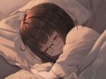  1girl arm_up bangs bed_sheet black_hair closed_mouth commentary_request drooling eyebrows_visible_through_hair glasses lying mimikaki_(men_bow) on_side open_mouth original pillow saliva shirt short_sleeves sleeping solo thick_eyebrows under_covers white_shirt 
