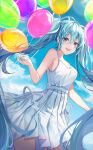  balloon bangs blue_eyes blue_hair blue_sky blush breasts clouds dress hair_ribbon hatsune_miku highres looking_at_viewer medium_breasts pleated_dress ribbon sky smile standing sundress sunlight twintails vocaloid white_dress white_ribbon yulha_06 