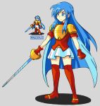  1girl armor blue_eyes blue_hair blush boots cape eirika_(fire_emblem) eyes_visible_through_hair fire_emblem fire_emblem:_the_sacred_stones highres holding holding_sword holding_weapon long_hair mag_(magdraws) miniskirt red_footwear reference_inset sidelocks skirt solo sword thigh-highs thigh_boots weapon white_skirt 