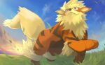  arcanine closed_mouth clouds commentary_request day falling_leaves fangs fangs_out from_below grass leaf looking_up no_humans okano_dei outdoors pokemon pokemon_(creature) sky smile solo 
