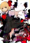 1girl :d ascot bangs black_skirt black_vest blonde_hair blush bobby_socks collared_shirt darkness full_body glitch hair_ribbon kujikimi long_sleeves looking_at_viewer mary_janes outstretched_arm red_ascot red_eyes red_footwear red_ribbon ribbon rumia shirt shoes short_hair skirt skirt_set smile socks solo touhou vest white_legwear white_shirt 