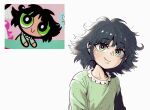 1girl animification bangs black_hair buttercup_(ppg) buttercup_redraw_challenge_(meme) collarbone commentary eyebrows_visible_through_hair green_eyes green_pajamas han_gong highres inset looking_at_viewer meme messy_hair pajamas powerpuff_girls short_hair simple_background smile upper_body white_background 