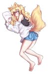  1girl :t animal_ear_fluff animal_ears bangs bare_legs barefoot black_tank_top blonde_hair blue_shorts blush character_request closed_mouth commentary_request commission copyright_request denim denim_shorts fox_ears fox_tail full_body grey_jacket jacket long_hair long_sleeves looking_at_viewer pillow pocket shorts soles solo taeminhyeon tail tank_top toes violet_eyes yellow_tail 