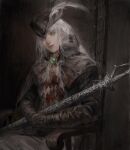  1girl ascot blood bloodborne blue_eyes cape chair coat gem gloves hat hat_feather holding lady_maria_of_the_astral_clocktower long_hair looking_at_viewer naux ponytail rakuyo_(bloodborne) simple_background solo sword tricorne weapon white_hair 