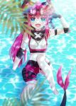  absurdres aqua_eyes bandana dragon_girl dragon_horns dragon_tail elbow_pads elizabeth_bathory_(fate) elizabeth_bathory_(fate/extra_ccc) elizabeth_bathory_(jurassic_dream)_(fate) fangs fate/grand_order fate_(series) gloves goggles goggles_on_head highres horns in_water jewelry necklace non-web_source pink_hair pointy_ears ponytail sharp_teeth shorts smile tail teeth 