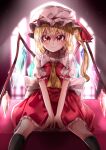 1girl absurdres ascot back_bow backlighting between_legs black_legwear blonde_hair bow closed_mouth collared_shirt commentary_request crystal eyebrows_visible_through_hair feet_out_of_frame flandre_scarlet frilled_shirt_collar frilled_skirt frilled_sleeves frills hair_between_eyes hand_between_legs hat hat_ribbon highres indoors looking_at_viewer maboroshi_mochi medium_hair mob_cap multicolored_wings orange_eyes puffy_short_sleeves puffy_sleeves red_ribbon red_skirt red_vest ribbon shiny shiny_hair shirt short_sleeves sitting skirt skirt_set smile solo thigh-highs touhou vest white_headwear white_shirt window wings yellow_ascot 