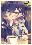  1girl absurdres aqua_eyes blue_archive blue_hair cake chihiro_(blue_archive) coffee_cup cup damao_(kiwa777) disposable_cup food glasses halo head_rest highres jacket necktie short_hair smile 