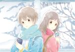  1boy 1girl backpack bag blue_scarf brown_eyes brown_hair cellphone copyright_request jacket looking_at_viewer looking_back medium_hair phone scarf smartphone smile snowing yun_(sawa-i) 