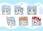  &gt;_&lt; +_+ 1girl 1other :d :o arm_up blue_background blue_eyes blue_hair blush_stickers chibi closed_eyes closed_mouth commentary drawstring empty_eyes english_commentary fang headpat hololive hood hood_down hoodie jitome kobo_kanaeru long_sleeves multiple_views notice_lines puffy_long_sleeves puffy_sleeves romaji_text rutorifuki sleeves_past_fingers sleeves_past_wrists smile teeth twitter_username two-tone_background upper_teeth virtual_youtuber wavy_mouth white_background white_hoodie 