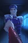  1boy armor bangs blue_bodysuit blue_hair bodysuit closed_mouth cu_chulainn_(fate) cu_chulainn_(fate/stay_night) dark earrings fate/stay_night fate_(series) gae_bolg_(fate) highres holding holding_polearm holding_weapon jewelry long_hair looking_at_viewer male_focus muscular muscular_male night nora_(nora_f96) polearm ponytail red_eyes school_hall short_hair shoulder_armor skin_tight solo solo_focus spiky_hair twitter_username weapon 