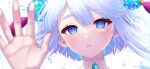  1girl air_bubble bangs blue_eyes blurry blurry_foreground bubble face green_eyes hand_up highres kohanayuki light_blue_hair light_blush looking_at_viewer multicolored_eyes original parted_lips short_hair solo tassel twitter_username violet_eyes 