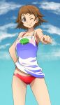  1girl apron awa blue_eyes bra breasts brown_hair clenched_hand closed_mouth clouds earrings gundam gundam_build_divers haro highres jewelry looking_at_viewer nanase_nanami_(gundam_build_divers) one_eye_closed panties short_hair smile solo underwear 