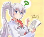  1girl ? blue_eyes blush commentary_request earrings english_text hair_ornament highres holding holding_paper iesupa jewelry long_hair looking_at_viewer open_mouth paper parted_lips pendant rwby scar scar_across_eye side_ponytail solo tiara upper_body weiss_schnee white_hair 