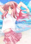  1girl absurdres arms_up bangs blue_sky blush breasts closed_mouth clouds commentary_request cowboy_shot fake_wings highres hoshikage_wataru long_hair looking_at_viewer medium_breasts midriff ocean original pink_eyes pink_hair pink_skirt pleated_skirt sand shirt short_sleeves skirt sky smile solo white_shirt wings 