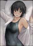  1girl amagami bangs bare_shoulders black_eyes black_hair black_swimsuit blush bob_cut breasts breath brown_eyes closed_mouth collarbone competition_swimsuit covered_navel dress_shirt hair_between_eyes holding holding_pillow large_breasts long_sleeves looking_at_viewer medium_breasts mobu nanasaki_ai nose_blush off_shoulder one-piece_swimsuit open_clothes open_shirt parted_lips pillow shirt short_hair simple_background solo standing steam swimsuit swimsuit_under_clothes upper_body water_drop wet wet_clothes wet_hair wet_swimsuit white_background white_shirt 