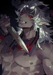  1boy animal_ears azaya_(kuroi_azaya) black_background bracer colored_skin glowing glowing_eyes goat_boy goat_ears goat_horns gradient gradient_background grey_hair grey_skin grin holding holding_knife holding_weapon horizontal_pupils horns knife large_pectorals looking_at_viewer male_focus medium_hair monster_boy muscular muscular_male no_shirt nude open_mouth original pectorals red_eyes smile solo twitter_username upper_body usekh_collar weapon white_hair 