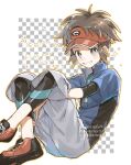  1boy bangs blue_jacket blush bodysuit bodysuit_under_clothes bright_pupils brown_eyes brown_hair capri_pants commentary_request grey_pants grin highres hugging_own_legs jacket male_focus nate_(pokemon) pants parted_bangs pokemon pokemon_(game) pokemon_bw2 red_headwear shoes short_hair short_sleeves signature smile sneakers solo sparkle teeth upi_(ukn18pkanother) visor_cap watermark white_pupils zipper_pull_tab 