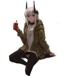  1girl alternate_costume arknights bangs casual choker demon_girl demon_horns grey_hair hair_ornament hairclip highres hood hood_down hooded_jacket horns jacket long_hair lumirumi mudrock_(arknights) open_clothes open_jacket pants parted_lips red_eyes simple_background sitting solo white_background 