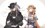  2girls ^_^ arknights arm_strap bare_shoulders black_capelet black_gloves black_headwear blonde_hair blue_hairband blue_necktie braid breasts capelet closed_eyes cup gloves grey_hair hairband halo head_tilt highres holding holding_cup horns infection_monitor_(arknights) large_breasts long_hair mabing multiple_girls necktie outcast_(arknights) pointy_ears ponytail saileach_(arknights) shirt single_braid single_glove sitting teacup white_legwear white_shirt 