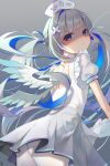 1girl :t absurdres amane_kanata angel_wings apron ass bangs blue_hair blunt_bangs blush closed_mouth dress eyebrows_visible_through_hair feathered_wings frilled_apron frills from_behind grey_background grey_hair hair_ornament hat highres hololive julia8857 long_hair looking_at_viewer looking_back multicolored_hair nurse nurse_cap pantyhose pleated_dress pout puffy_short_sleeves puffy_sleeves shaded_face short_sleeves simple_background single_hair_intake solo twintails two-tone_hair v-shaped_eyebrows very_long_hair violet_eyes virtual_youtuber white_apron white_dress white_headwear white_legwear white_wings wings x_hair_ornament 