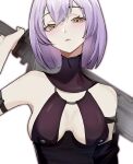  1girl absurdres arknights bare_shoulders blush bob_cut breasts brown_eyes highres holding holding_sword holding_weapon looking_at_viewer medium_breasts parted_lips purple_hair scavenger_(arknights) short_hair simple_background sldm sleeveless solo sword upper_body weapon white_background 