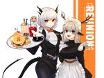  2girls :d alternate_costume animal_ears arknights black_jacket black_pants black_vest blue_eyes breasts bubble_tea burger butler cake cake_slice collared_shirt cowboy_shot cup deer_antlers deer_ears deer_girl dragon_girl dragon_horns dragon_tail drinking_straw enmaided food french_fries frostnova_(arknights) gloves grey_hair hair_between_eyes hand_on_own_chest hand_up highres holding holding_tray horns jacket long_hair looking_at_viewer maid medium_breasts mug multiple_girls name_tag open_clothes open_jacket open_mouth pants patriot_(arknights) reunion_logo_(arknights) shirt sidelocks smile supershrimpcakes tail teeth tray twitter_username upper_teeth vest white_background white_gloves white_shirt yellow_eyes 