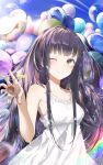  1girl absurdres balloon bangs blue_sky blunt_bangs blush breasts bubble collarbone dress eunip highres kimi_ni_todoke kuronuma_sawako long_bangs long_hair looking_at_viewer medium_breasts one_eye_closed purple_hair sky smile solo summer sundress sunlight white_dress yellow_eyes 