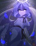  1girl angel_wings black_ribbon black_sash blue_eyes blue_hair bow buttons closed_mouth commentary_request dress eyelashes feathered_wings glowing glowing_eyes hair_bow halo happy looking_at_viewer mai_(touhou) neck_ribbon otoya_sindoi puffy_short_sleeves puffy_sleeves ribbon sash short_hair short_sleeves skirt_hold smile solo touhou touhou_(pc-98) white_bow white_dress white_wings wings 