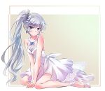  1girl bangs bare_shoulders blue_eyes border brooch closed_mouth commentary_request dress earrings eyebrows_visible_through_hair formal full_body hair_ornament high_heels highres iesupa jewelry kneeling legs long_hair platform_footwear rwby scar scar_across_eye scar_on_face side_ponytail solo tiara weiss_schnee white_border white_dress white_footwear white_hair 