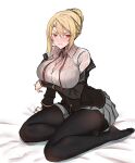  1girl absurdres angelica_rafa_redgrave arm_under_breasts bangs black_jacket blonde_hair blush breasts collared_shirt commentary_request eyebrows_visible_through_hair full-face_blush hair_bun highres jacket large_breasts open_clothes open_jacket open_mouth otome_gee_sekai_wa_mob_ni_kibishii_sekai_desu pantyhose red_eyes red_ribbon ribbon school_uniform see-through see-through_shirt shirt sitting skirt solo undone_neck_ribbon v-shaped_eyebrows wenzheng147 white_shirt 