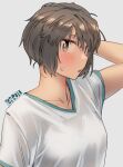  1girl alternate_costume arm_behind_head bangs blush breasts brown_eyes brown_hair commentary_request ergot grey_background highres kantai_collection looking_at_viewer medium_breasts miyuki_(kancolle) parted_lips shirt short_hair signature simple_background solo sweat upper_body v_neck white_shirt 