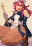  1girl bare_shoulders breasts clothing_cutout harusame-r holding holding_scepter la_pucelle long_hair long_sleeves looking_at_viewer medium_breasts mole mole_under_eye one_eye_closed open_mouth prier red_eyes redhead scepter shoulder_cutout smile solo thighs 