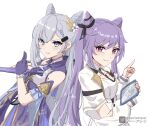  2girls asiri_senpai black_ribbon blue_eyes braid clothing_cutout crossover dress flower genshin_impact gloves grey_hair hair_cones hair_flower hair_ornament hair_ribbon highres holding holding_sword holding_tablet_pc holding_weapon hololive hololive_indonesia keqing_(genshin_impact) long_hair looking_at_viewer multiple_girls parted_lips purple_dress purple_gloves purple_hair ribbon smile sword tablet_pc twintails twitter_username upper_body vestia_zeta violet_eyes weapon white_background 