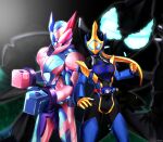  1girl 2boys absurdres aqua_eyes blue_armor blue_eyes blue_footwear blue_gloves bodysuit boots boxing_gloves breasts brother_and_sister clenched_hand cobra_(animal) cobra_genome driver_(kamen_rider) gloves glowing glowing_eyes heterochromia highres kamen_rider kamen_rider_evil kamen_rider_jeanne kamen_rider_revi kamen_rider_revice kangaroo kangaroo_genome libera_driver medium_breasts multiple_boys pink_armor pink_gloves ponytail red_eyes reiei_8 siblings thigh-highs thigh_boots tokusatsu yellow_gloves 