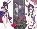  1girl bangs bare_shoulders bob_cut breasts fate/grand_order fate_(series) headpiece highres honjou_raita horns looking_at_viewer multiple_views navel oni oni_horns purple_hair revealing_clothes short_eyebrows short_hair shuten_douji_(fate) skin-covered_horns small_breasts thighs violet_eyes 