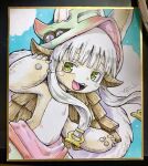  1other :3 animal_ears aqua_background artist_name brown_fur cowboy_shot fake_horns fangs furry green_eyes green_pants grey_hair hands_up helmet highres horns looking_at_viewer made_in_abyss multicolored_pants nanachi_(made_in_abyss) open_mouth other_focus pants photo_(medium) red_pants shikishi short_hair_with_long_locks signature smile solo topless traditional_media tsumiki_yuu white_background 