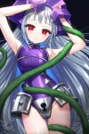  1girl absurdres arms_up bangs cowboy_shot highres iron_maiden_jeanne keyhole kohanayuki leotard long_hair looking_at_viewer parted_lips plant purple_leotard red_eyes shaman_king sleeveless solo thorns vines white_hair 