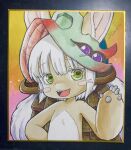  1other :3 animal_ears brown_fur eyebrows_visible_through_hair fake_horns fangs furry gradient gradient_background green_eyes grey_hair hand_on_hip hand_up helmet highres horizontal_pupils horns looking_at_viewer made_in_abyss multicolored_background nanachi_(made_in_abyss) nude open_mouth orange_background other_focus photo_(medium) pink_background shikishi short_hair signature smile solo traditional_media tsumiki_yuu upper_body whiskers yellow_background 