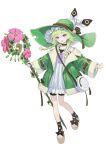  1girl :d bag bangs black_choker black_shorts braid brown_ribbon buckle choker commentary dress eyebrows_visible_through_hair flower frilled_hat frills full_body fur-trimmed_jacket fur_trim green_hair green_headwear green_jacket hair_over_shoulder hat hat_ribbon highres holding holding_staff jacket long_hair long_sleeves looking_at_viewer open_clothes open_jacket open_mouth original pink_flower purple_ribbon ribbon sandals short_dress shorts shorts_under_dress shoulder_bag simple_background smile solo staff standing twin_braids violet_eyes wasabi60 white_background white_dress 