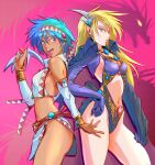  2girls annet_myer aqua_hair bb9_megadrive blade blonde_hair blue_eyes character_request cloak commentary_request dark_skin dragon el_viento game_console gloves highres jewelry looking_at_viewer monster multiple_girls open_mouth sega_mega_drive serious smile tribal villain_pose violet_eyes 