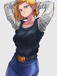  1girl android_18 arms_behind_head belt black_shirt blonde_hair blue_eyes blue_skirt breasts brown_belt closed_mouth collarbone dragon_ball dragon_ball_z grey_background kemachiku long_sleeves medium_breasts shirt short_hair simple_background skirt solo striped striped_sleeves white_sleeves 