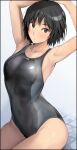  1girl amagami bangs black_hair black_swimsuit blush breasts brown_eyes commentary competition_swimsuit looking_at_viewer medium_breasts mobu nanasaki_ai one-piece_swimsuit parted_lips short_hair simple_background sitting solo swimsuit 