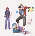  2boys azurill backwards_hat bangs baseball_cap brown_hair capri_pants cat_teaser closed_mouth commentary_request cowlick ethan_(pokemon) flipped_hair goggles goggles_on_headwear hat holding holding_pokemon igglybuff jacket jako_(boke_poke) long_sleeves male_focus medium_hair multiple_boys munchlax pants pichu pokemon pokemon_(creature) pokemon_adventures purple_pants red_jacket shoes silver_(pokemon) standing toxel white_background 