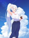  1girl ;d absurdres arm_up armpits belt belt_buckle black_belt blue_eyes blue_skirt blue_sky buckle clouds copyright_name cumulonimbus_cloud cup disposable_cup drink drinking_straw eyebrows_visible_through_hair highres holding holding_cup holding_drink long_hair long_skirt maguro_(guromaguro) one_eye_closed open_mouth ponytail print_shirt rwby shiny shiny_hair shirt shirt_tucked_in short_sleeves skirt sky smile solo standing very_long_hair weiss_schnee white_hair white_shirt 
