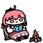  1girl :&gt; ahoge animated animated_gif bell black_headwear blanket blush_stickers book campfire camping_chair chibi commentary detached_sleeves english_commentary fuwafuwa_35 green_eyes holding holding_book hololive looping_animation neck_bell o_o official_alternate_costume open_book pink_hair reading red_skirt sakura_miko shirt sitting skirt sleeveless sleeveless_shirt solo transparent_background virtual_youtuber white_shirt yurucamp 