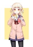  1girl artist_request blonde_hair blush burger collarbone cowboy_shot cup disposable_cup dot_nose eating eyebrows_visible_through_hair food holding holding_food looking_at_viewer orange_eyes original ribbon sailor shiny shiny_hair short_twintails thigh-highs twintails 