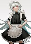  1boy absurdres ahoge alternate_costume bandaged_arm bandages bishounen crossdressing enmaided genshin_impact grey_hair hand_on_hip highres linpiu long_hair looking_at_viewer maid male_focus razor_(genshin_impact) red_eyes scar scar_on_face simple_background smirk solo white_background 