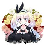  1girl bangs black_bow black_dress black_hairband bow breasts commentary_request commission dress eyebrows_visible_through_hair flower grey_hair hair_bow hairband head_tilt heart heart_hands hesh183 highres long_hair long_sleeves looking_at_viewer maplestory medium_breasts rose simple_background smile solo twintails upper_body white_background 